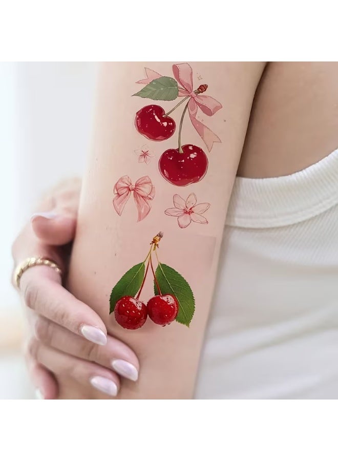 2-Pack Waterproof Temporary Tattoo Stickers for Women – Realistic Cherry Designs, English Quotes, Floral Bow & Apricot Elements, Easy Apply Body Art Tattoos, Perfect for Fun Makeup, Parties, Festivals & Gifts - Image 3