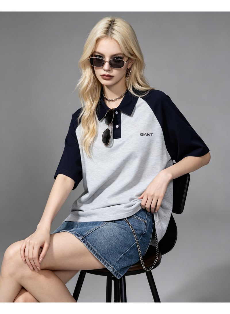 GANT Unisex Short Sleeve Raglan Polo Shirt Casual Daily Wear Light Grey Navy - Image 5