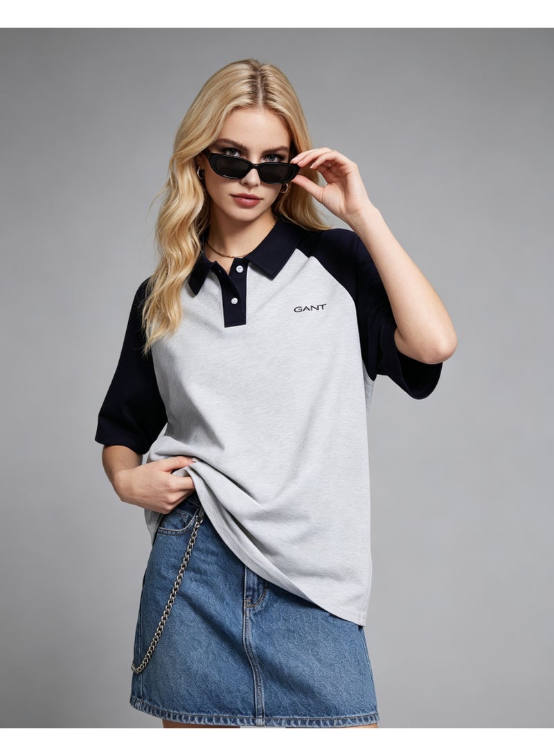 GANT Unisex Short Sleeve Raglan Polo Shirt Casual Daily Wear Light Grey Navy - Image 2