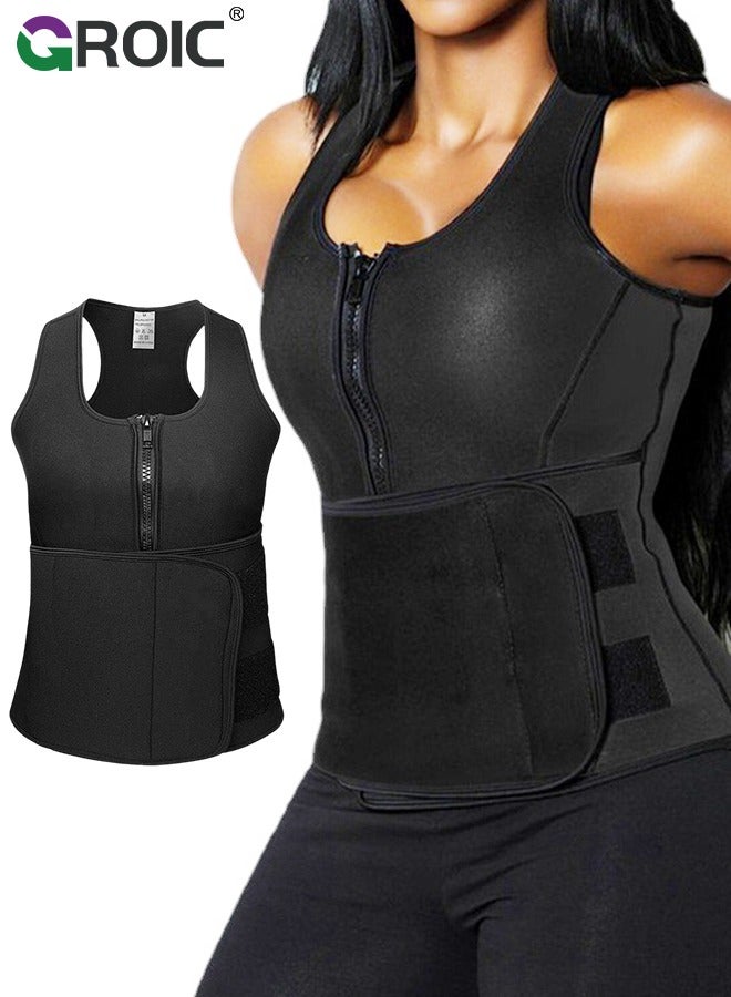 GROIC Waist Trainer for Women, Corset Vest Tummy Slimming Belly Body Shaper, Double Belt Sauna Workout Trimmer Belts with Zipper, Workout Tank Zipper Vest Adjustable Belt Sauna Suit Compression，M - Image 1