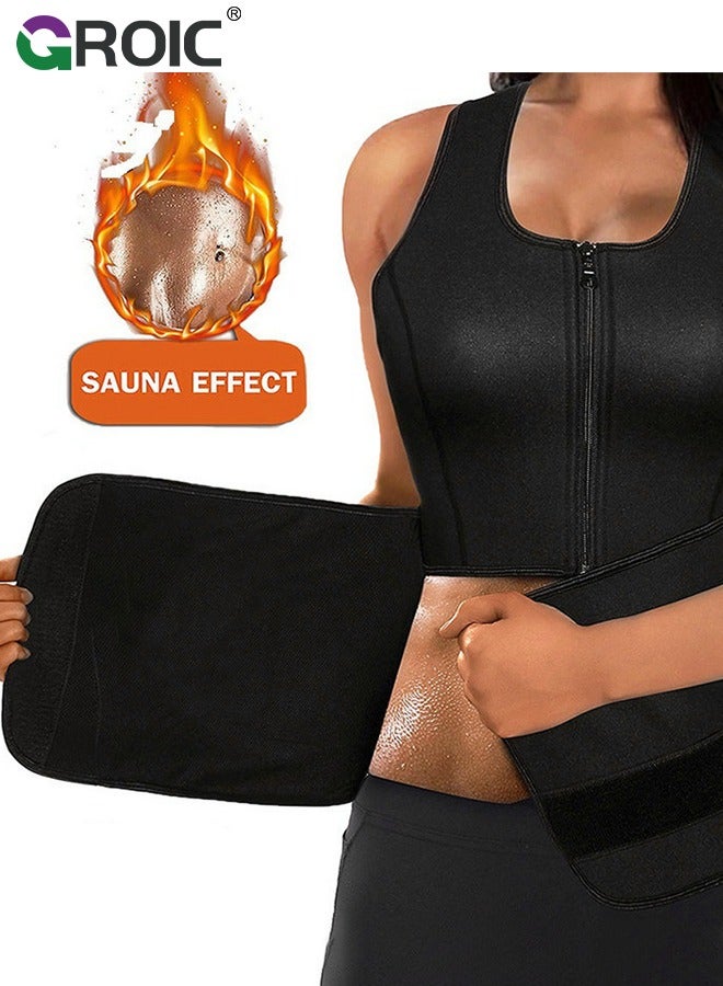 GROIC Waist Trainer for Women, Corset Vest Tummy Slimming Belly Body Shaper, Double Belt Sauna Workout Trimmer Belts with Zipper, Workout Tank Zipper Vest Adjustable Belt Sauna Suit Compression，M - Image 2