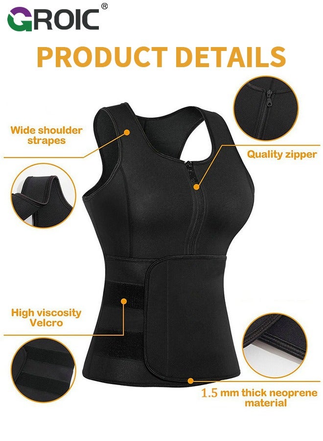 GROIC Waist Trainer for Women, Corset Vest Tummy Slimming Belly Body Shaper, Double Belt Sauna Workout Trimmer Belts with Zipper, Workout Tank Zipper Vest Adjustable Belt Sauna Suit Compression，M - Image 5