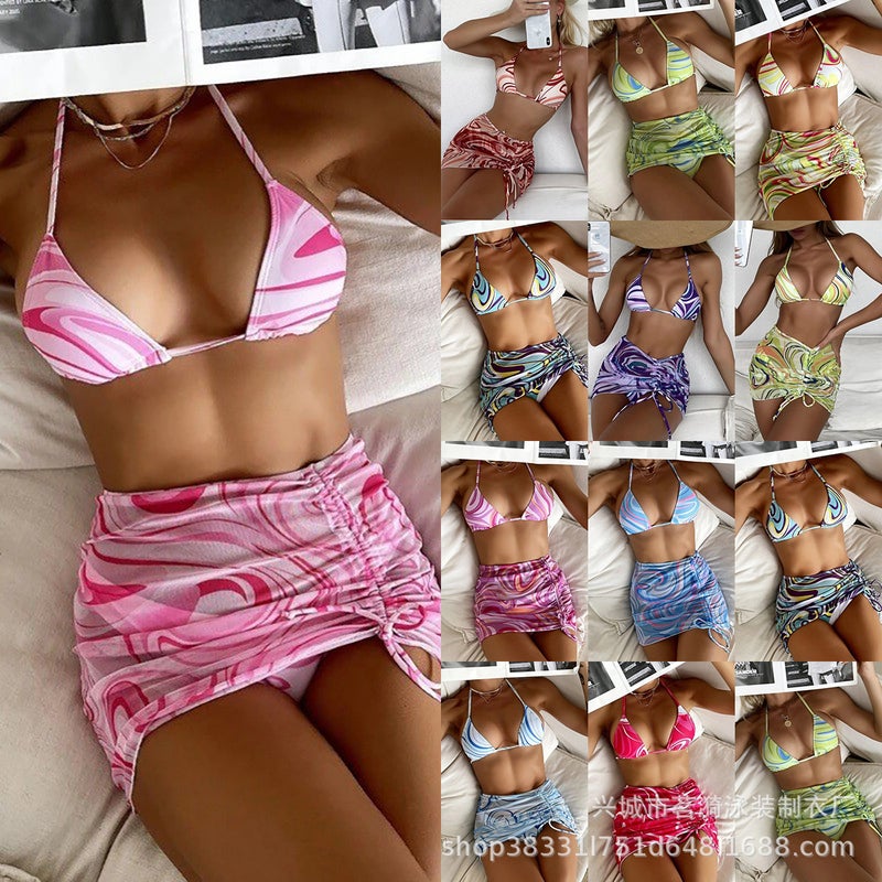 Mingyi New Bikini Bikini Swimsuit Women'S Split Multicolor Pattern Mesh Skirt Three-Piece Set - Image 2