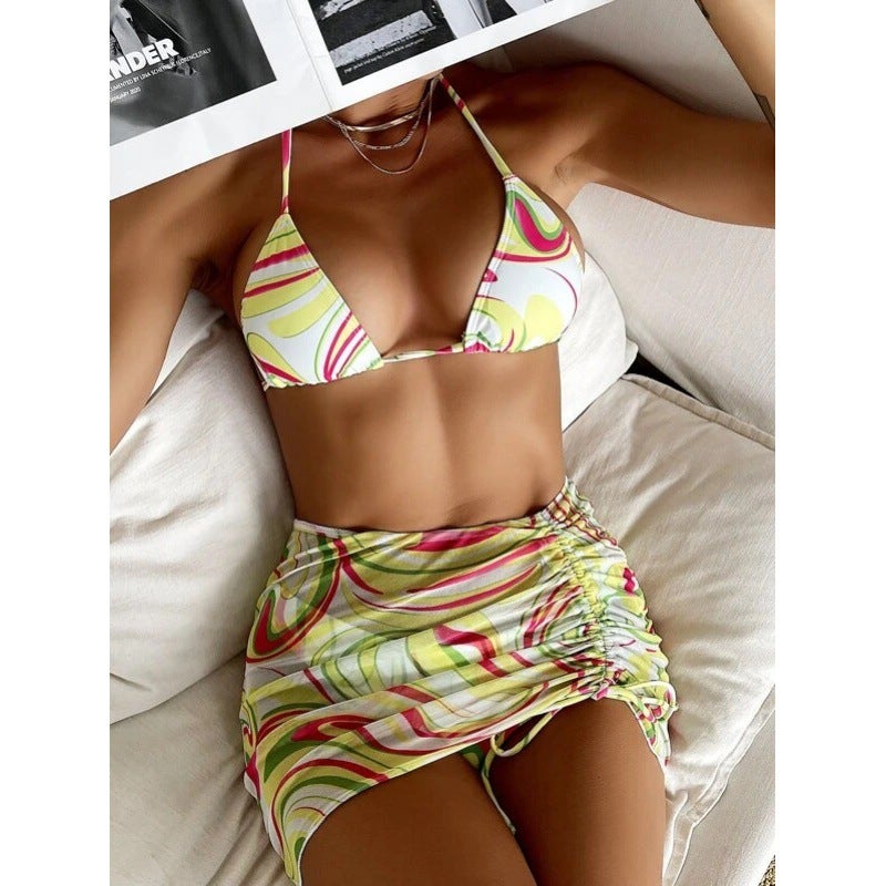 Mingyi New Bikini Bikini Swimsuit Women'S Split Multicolor Pattern Mesh Skirt Three-Piece Set - Image 3
