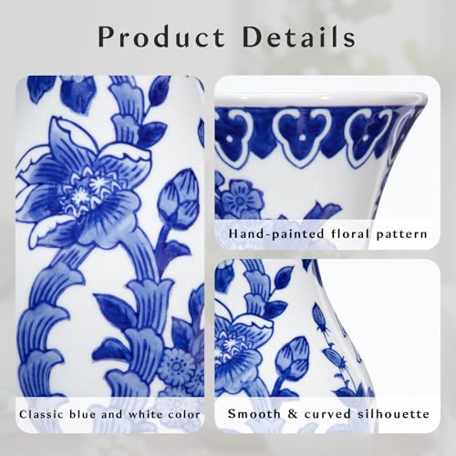Villa Como Blue and White Ceramic Vase, 11 Inch Tall Flower Vase in Floral Pattern, Large Retro Chinoiserie Vase Decor Side Table Centerpiece Living Room Bookshelf, Antique Grand Millennial Decor - Image 3