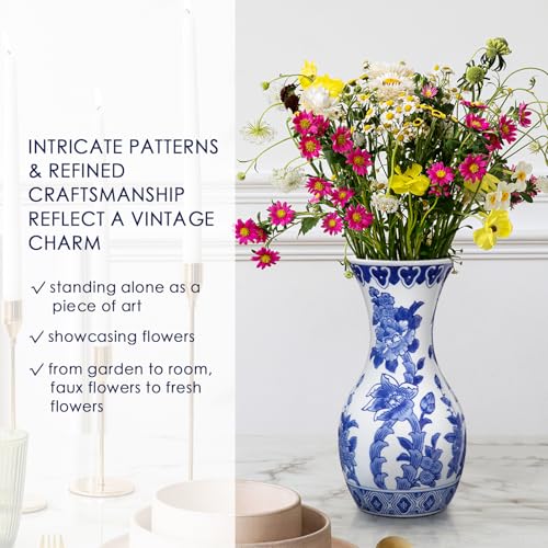 Villa Como Blue and White Ceramic Vase, 11 Inch Tall Flower Vase in Floral Pattern, Large Retro Chinoiserie Vase Decor Side Table Centerpiece Living Room Bookshelf, Antique Grand Millennial Decor - Image 4