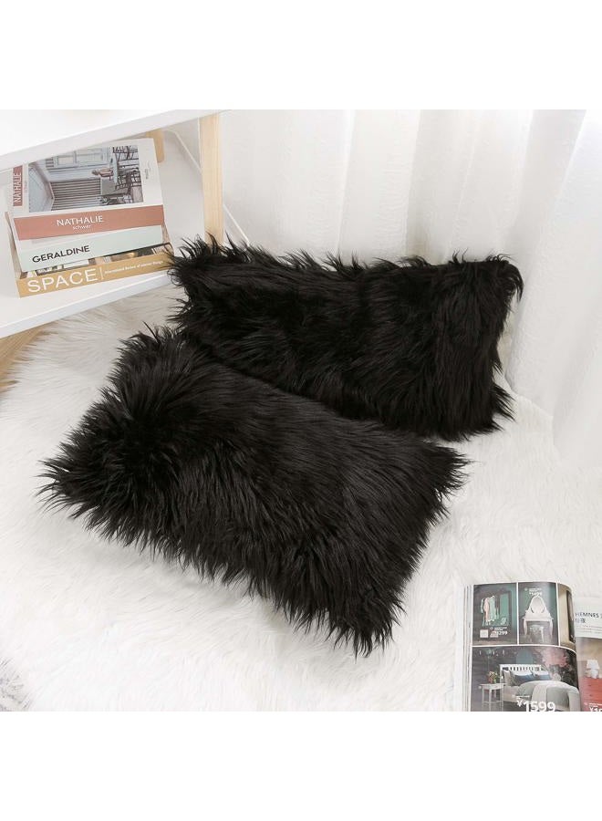 WLNUI Set of 2 Lumbar Black Decorative Pillow Covers New Luxury Series Merino Style Faux Fur Fluffy Throw Pillow Covers Fuzzy Cushion Case 12x20 Inch - Image 4