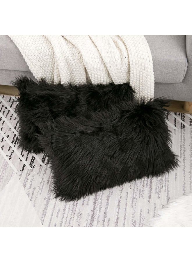 WLNUI Set of 2 Lumbar Black Decorative Pillow Covers New Luxury Series Merino Style Faux Fur Fluffy Throw Pillow Covers Fuzzy Cushion Case 12x20 Inch - Image 3