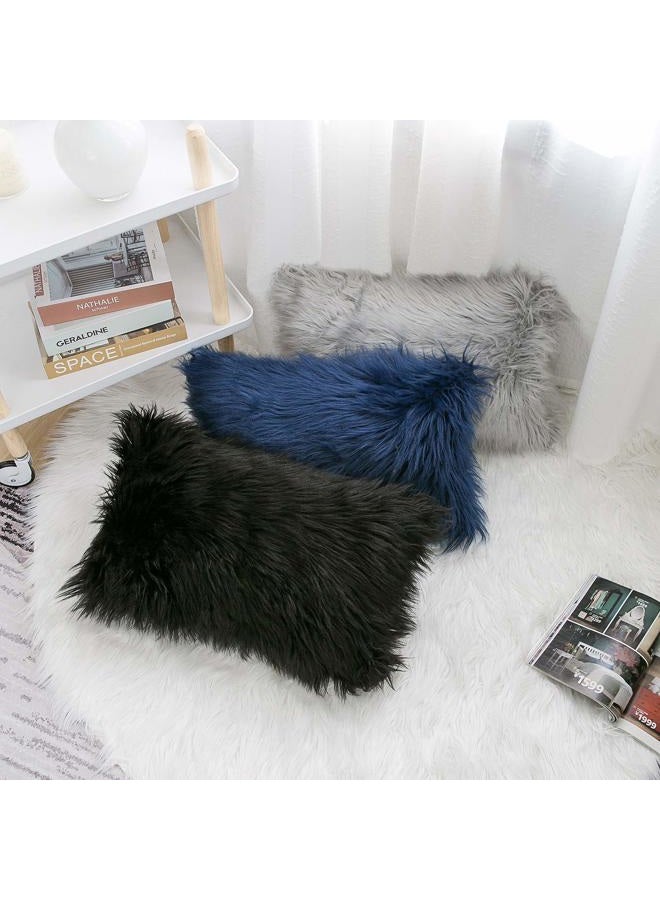 WLNUI Set of 2 Lumbar Black Decorative Pillow Covers New Luxury Series Merino Style Faux Fur Fluffy Throw Pillow Covers Fuzzy Cushion Case 12x20 Inch - Image 5