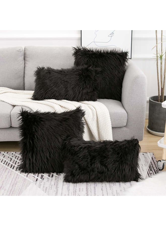 WLNUI Set of 2 Lumbar Black Decorative Pillow Covers New Luxury Series Merino Style Faux Fur Fluffy Throw Pillow Covers Fuzzy Cushion Case 12x20 Inch - Image 2