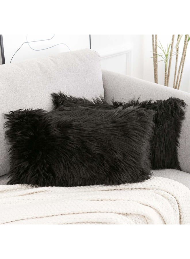 WLNUI Set of 2 Lumbar Black Decorative Pillow Covers New Luxury Series Merino Style Faux Fur Fluffy Throw Pillow Covers Fuzzy Cushion Case 12x20 Inch - Image 1
