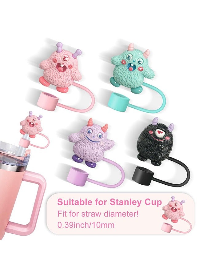 Straw Cover Cap for Stanley Cup, 4 Pcs Cute Cartoon Monster Series Straw Topper Compatible with 30&40 Oz Tumbler with Handle, Reusable Silicone Straw Tip Covers as Stanley Cup Accessories (10mm) - Image 2