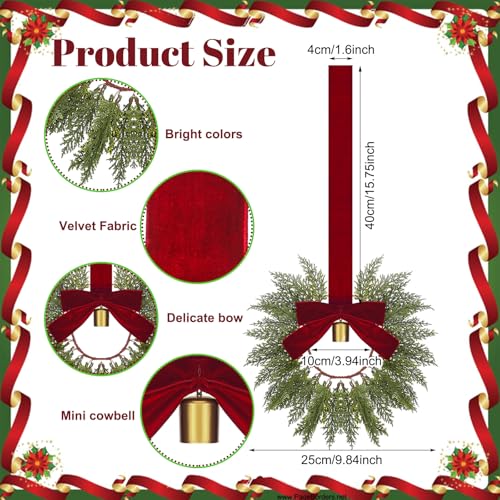 Dingion 8 Pcs 9.8" Small Christmas Cabinets Wreaths Mini Wreaths for Kitchen Window Chair Backs with Ribbon Bell Artificial Greenery for Farmhouse Holiday Decoration(Velvet,Classic,Deep Red) - Image 2