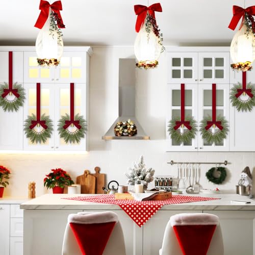 Dingion 8 Pcs 9.8" Small Christmas Cabinets Wreaths Mini Wreaths for Kitchen Window Chair Backs with Ribbon Bell Artificial Greenery for Farmhouse Holiday Decoration(Velvet,Classic,Deep Red) - Image 3