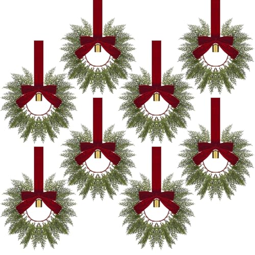 Dingion 8 Pcs 9.8" Small Christmas Cabinets Wreaths Mini Wreaths for Kitchen Window Chair Backs with Ribbon Bell Artificial Greenery for Farmhouse Holiday Decoration(Velvet,Classic,Deep Red) - Image 1