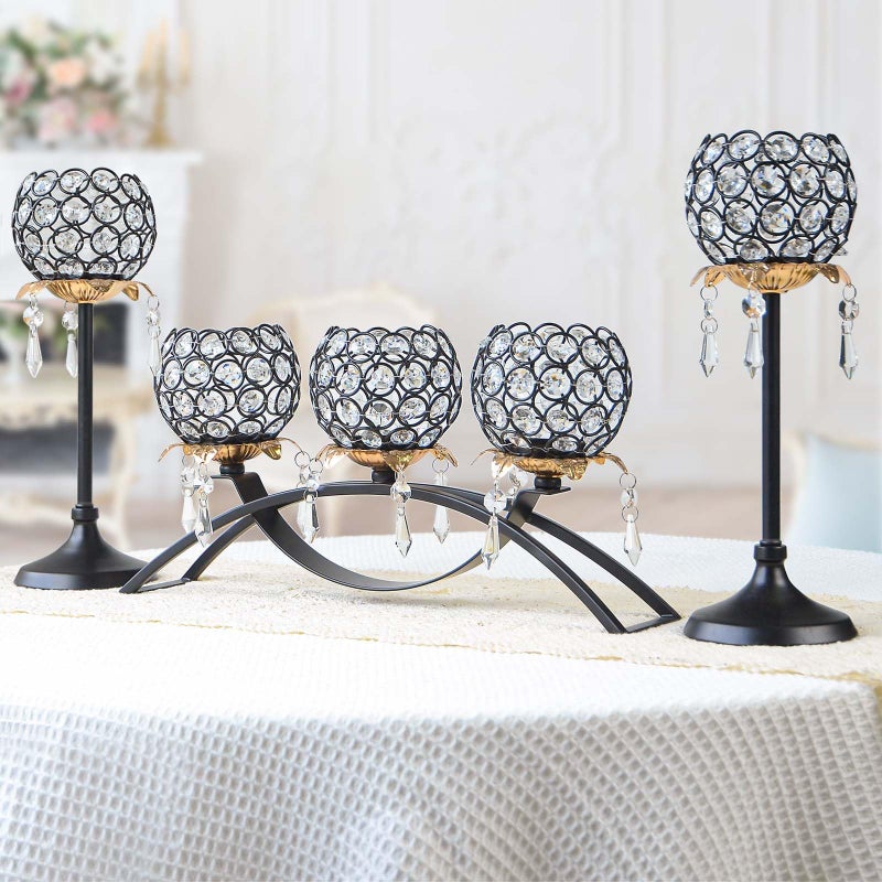 Kehail Set of 3 Crystal Tea Light Candlestick Holders Flower Shape with Crystal Pendant Bowl Votive Metal Candle Holder for Table Centerpieces Wedding Home Decor (Black+Gold) - Image 2