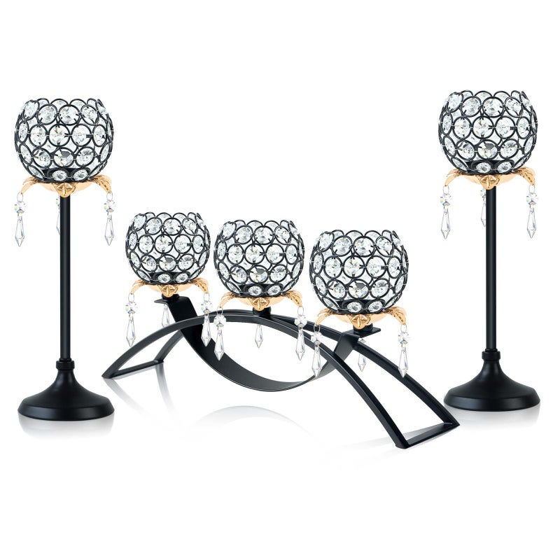 Kehail Set of 3 Crystal Tea Light Candlestick Holders Flower Shape with Crystal Pendant Bowl Votive Metal Candle Holder for Table Centerpieces Wedding Home Decor (Black+Gold) - Image 1