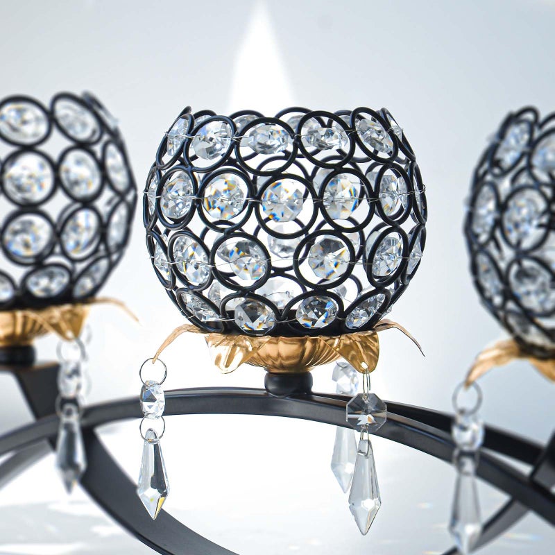 Kehail Set of 3 Crystal Tea Light Candlestick Holders Flower Shape with Crystal Pendant Bowl Votive Metal Candle Holder for Table Centerpieces Wedding Home Decor (Black+Gold) - Image 4