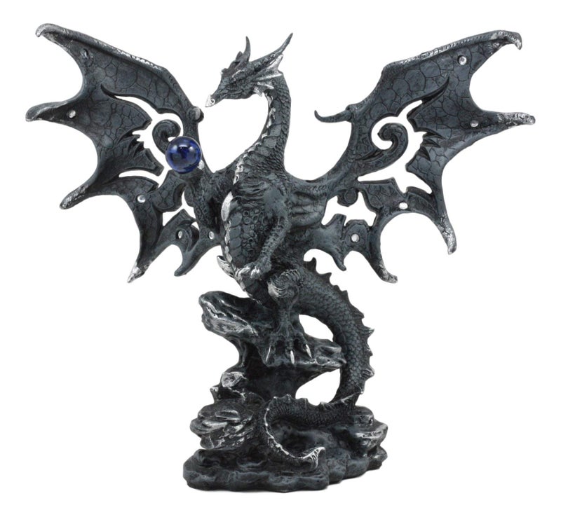 Ebros Draco Fantasy Gothic Dragon with Blue Orb Statue 8 Tall Land of The Dragons Home Decor Dragon Beast Sculpture
