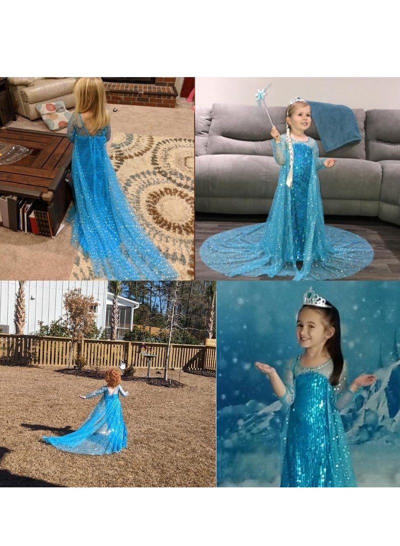 Cute Girls' Princess Dress Costume with Sparkling Long Cape for Birthday Parties, 130cm, Blue Color, Perfect for Dress-Up and Special Occasions  - Image 3