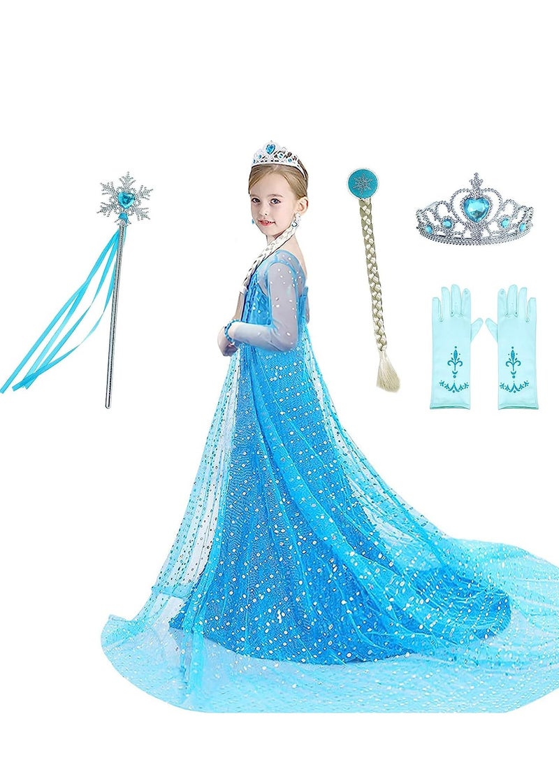 Cute Girls' Princess Dress Costume with Sparkling Long Cape for Birthday Parties, 130cm, Blue Color, Perfect for Dress-Up and Special Occasions  - Image 1