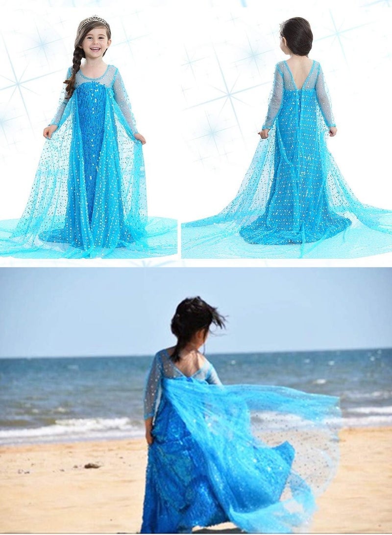 Cute Girls' Princess Dress Costume with Sparkling Long Cape for Birthday Parties, 130cm, Blue Color, Perfect for Dress-Up and Special Occasions  - Image 2