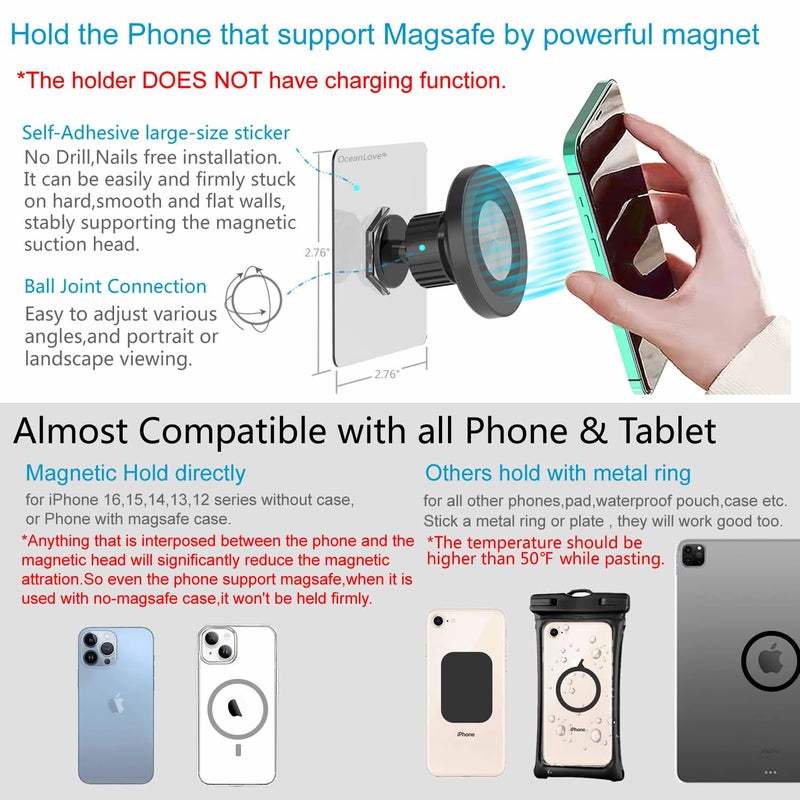 OCEANLOVE for MagSafe Wall Mount Magnetic Phone Holder, Self-Adhesive, 360 Rotatable, Waterproof, Compatible with iPhone 17/16/15/14/13/12,All Phones, Shower Mirror Car Glass Bathroom Kitchen(Black) - Image 5