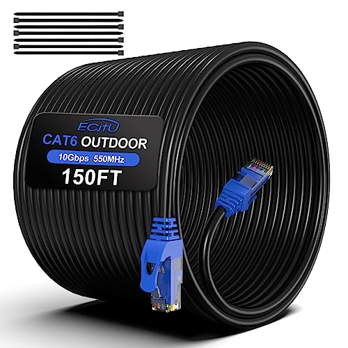 ecjtu 150FT Cat6 Outdoor Ethernet Cable, In-Ground, Heavy Duty Direct Burial, 24AWG CCA Patch Cord, POE, UTP, Waterproof, LLDPE UV Resistant, Network, Internet, LAN, Cat 6 Cable 150 Feet with 25 Cable Ties - Image 1