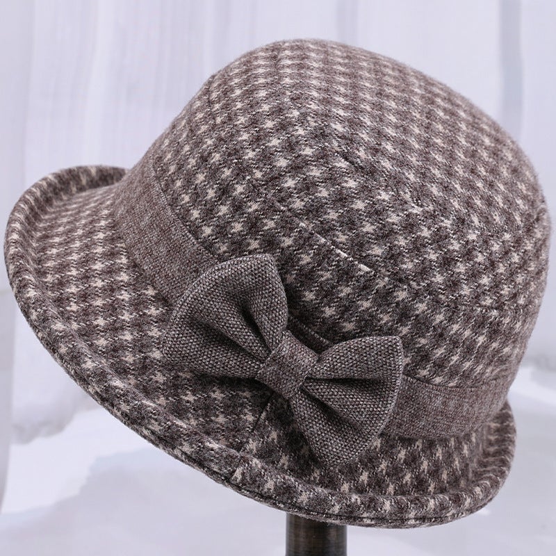 Bucket Hat Women Elderly  Thickened Warm Bow Plaid Grandma Fashion Hat - Image 3