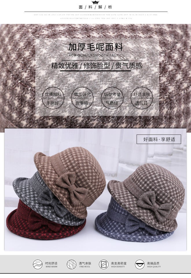 Bucket Hat Women Elderly  Thickened Warm Bow Plaid Grandma Fashion Hat - Image 4