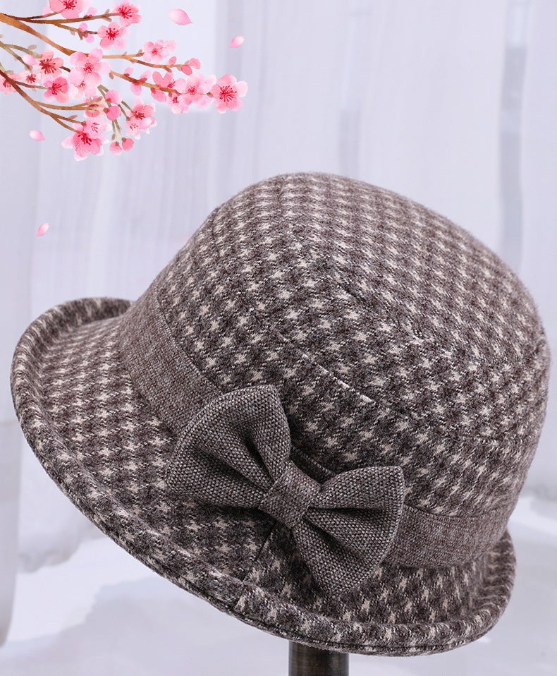 Bucket Hat Women Elderly  Thickened Warm Bow Plaid Grandma Fashion Hat - Image 2