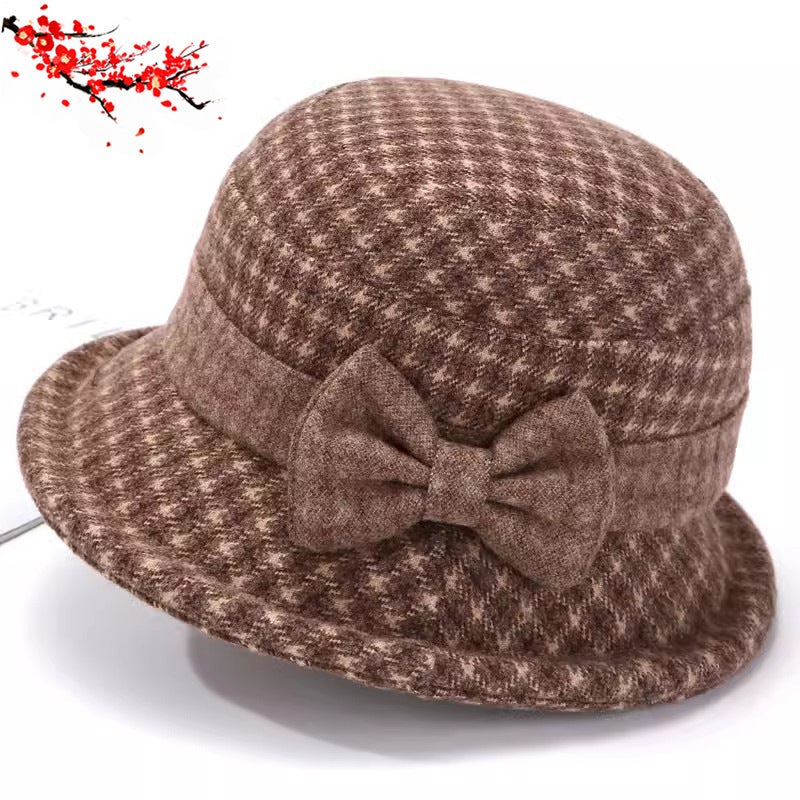 Bucket Hat Women Elderly  Thickened Warm Bow Plaid Grandma Fashion Hat - Image 1