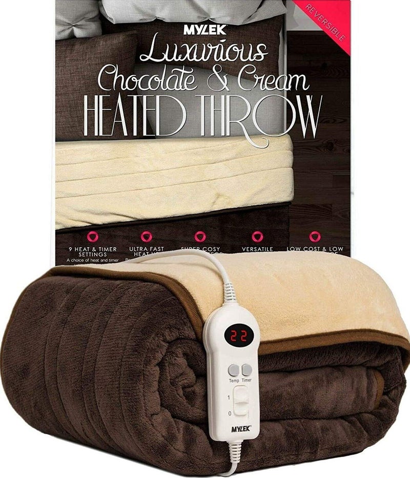 MYLEK Electric Heated Throw  Over Blanket in Chocolate  Cream  9 Heat  Timer Settings  Easy To Use Digital Control  Machine Washable  Ultra Soft Cosy Finish  160 x 120cm