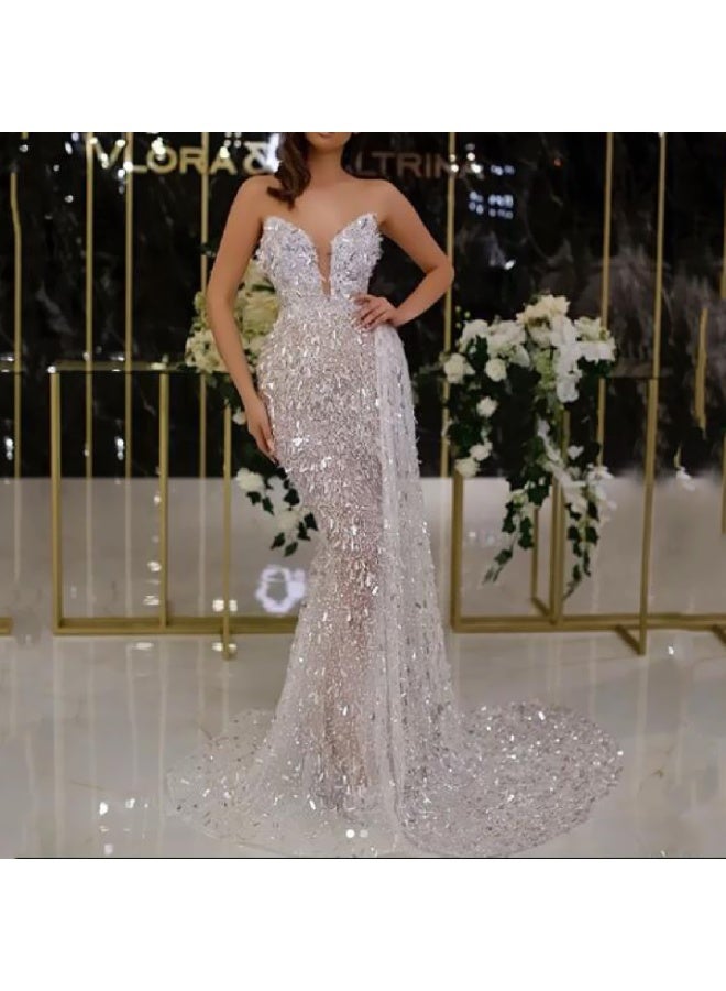 NIBEMINENT Summer  European and American Women's Clothing SuspendersVCollar Dress Hot Silver Fashion Evening Gown  - Image 1