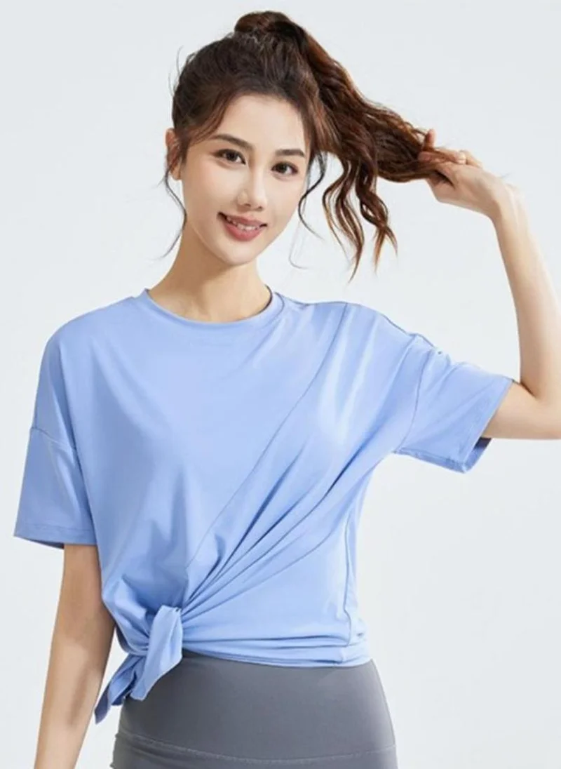YUNIQEE Blue Solid Side Slit Round Neck Short Sleeve T-Shirt