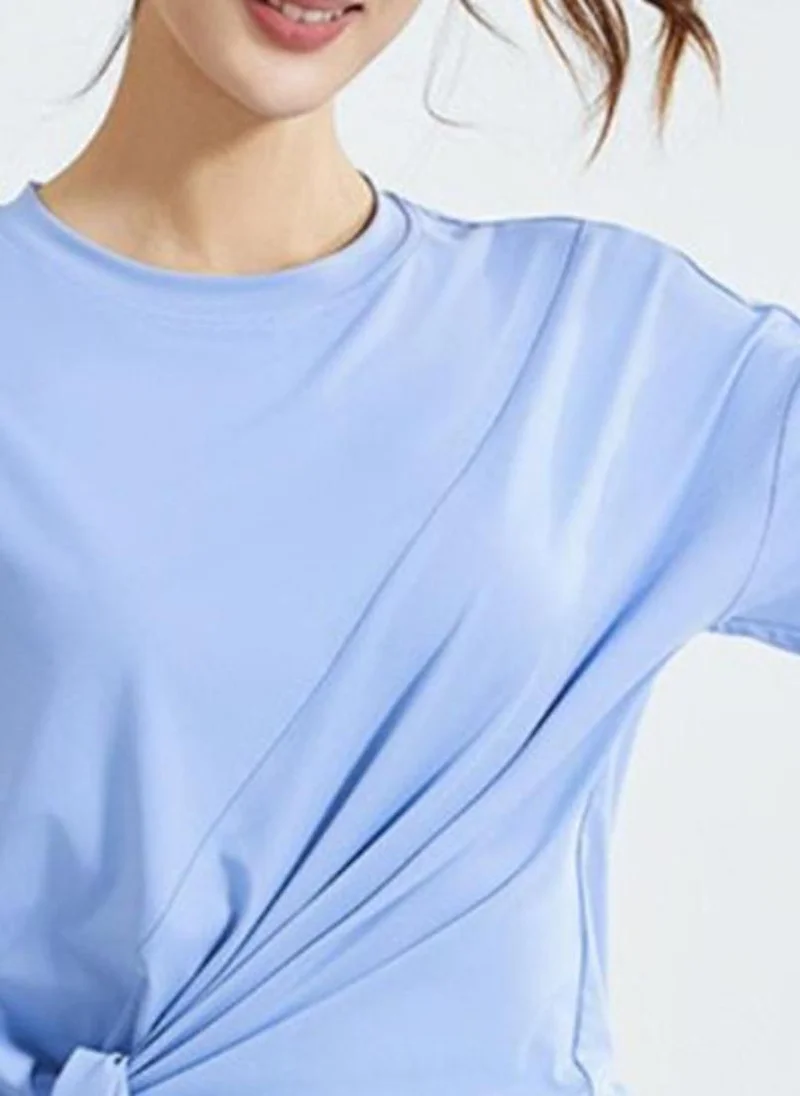 YUNIQEE Blue Solid Side Slit Round Neck Short Sleeve T-Shirt