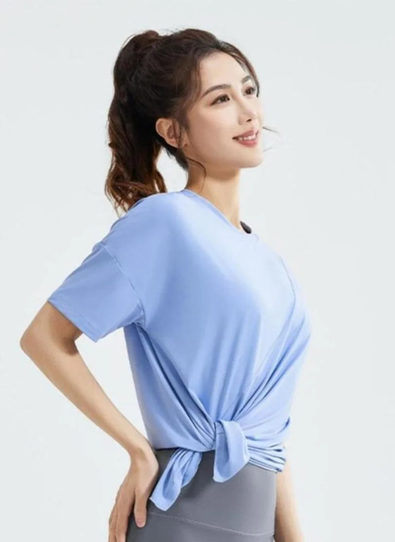 YUNIQEE Blue Solid Side Slit Round Neck Short Sleeve T-Shirt