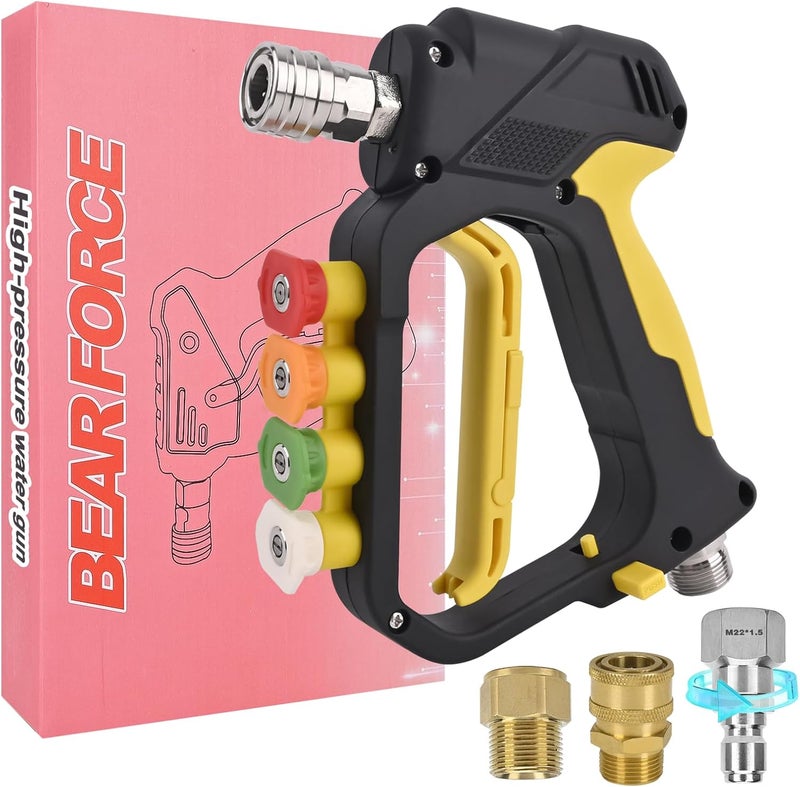 BEAR FORCE High Pressure Washer Short Spray Gun Inlet M22-ID14mm Max 5000 PSI with Nozzle Tips Holder & M22-15mm Connector & 3/8'' Quick Connector Swivel, Power Washer Gun Compatible with Foam Cannon - Image 1