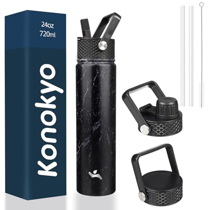 Konokyo Insulated Water Bottle 24oz Stainless Steel Sport Bottles with 3 Lids,Marble Midnight