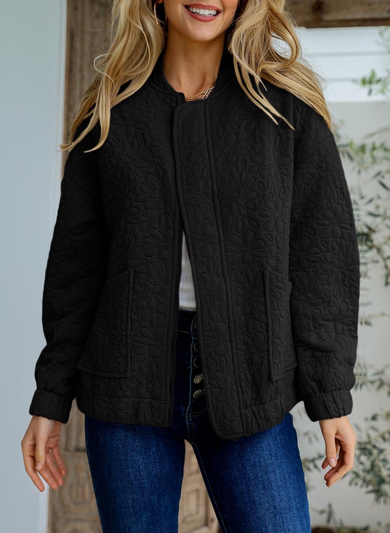 EVALESS جاكيت بومبر ربيعي من EVALESS للنساء ملابس كاجوال أنيقة صيفية عصرية 2025 ملابس المعلمات جاكيتات جاكار لطيفة بأكمام طويلة بسحاب جاكيت أسود قصير خفيف الوزن مع جيوب، متوسط - Image 2