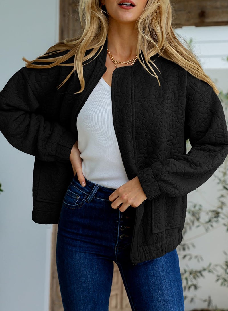 EVALESS جاكيت بومبر ربيعي من EVALESS للنساء ملابس كاجوال أنيقة صيفية عصرية 2025 ملابس المعلمات جاكيتات جاكار لطيفة بأكمام طويلة بسحاب جاكيت أسود قصير خفيف الوزن مع جيوب، متوسط - Image 3