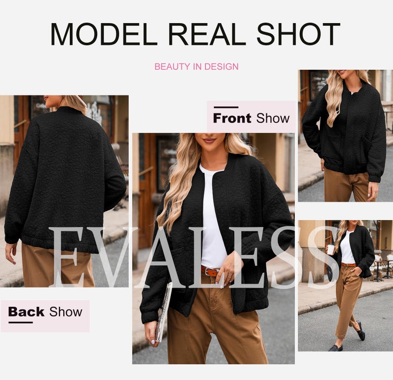EVALESS جاكيت بومبر ربيعي من EVALESS للنساء ملابس كاجوال أنيقة صيفية عصرية 2025 ملابس المعلمات جاكيتات جاكار لطيفة بأكمام طويلة بسحاب جاكيت أسود قصير خفيف الوزن مع جيوب، متوسط - Image 5