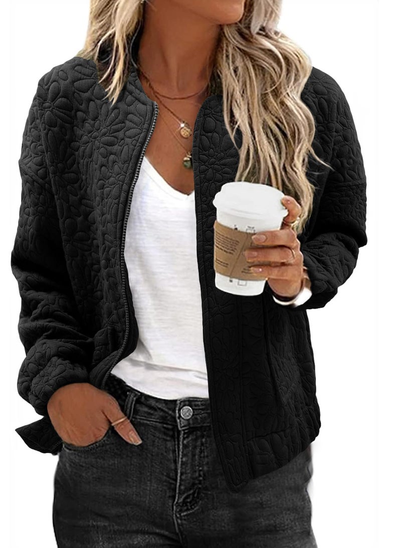 EVALESS جاكيت بومبر ربيعي من EVALESS للنساء ملابس كاجوال أنيقة صيفية عصرية 2025 ملابس المعلمات جاكيتات جاكار لطيفة بأكمام طويلة بسحاب جاكيت أسود قصير خفيف الوزن مع جيوب، متوسط - Image 1