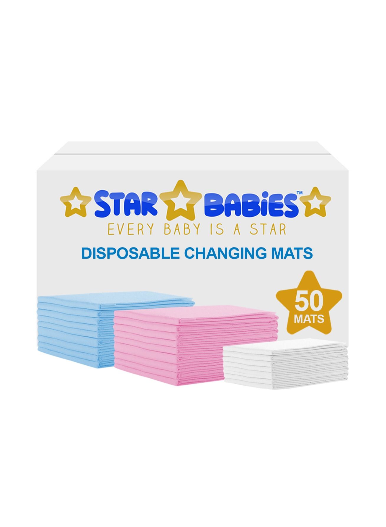 Star Babies Disposable Changing Mat Pack of 50 (Blue 20pcs, Pink 20pcs, White 10pcs)
