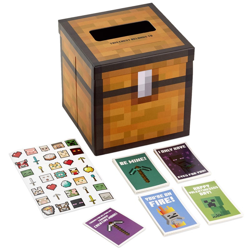 Hallmark Minecraft Valentines Day Cards and Mailbox for Kids School Classroom Exchange (1 Box, 32 Valentine Cards, 35 Stickers, 1 Teacher Card) - Image 1