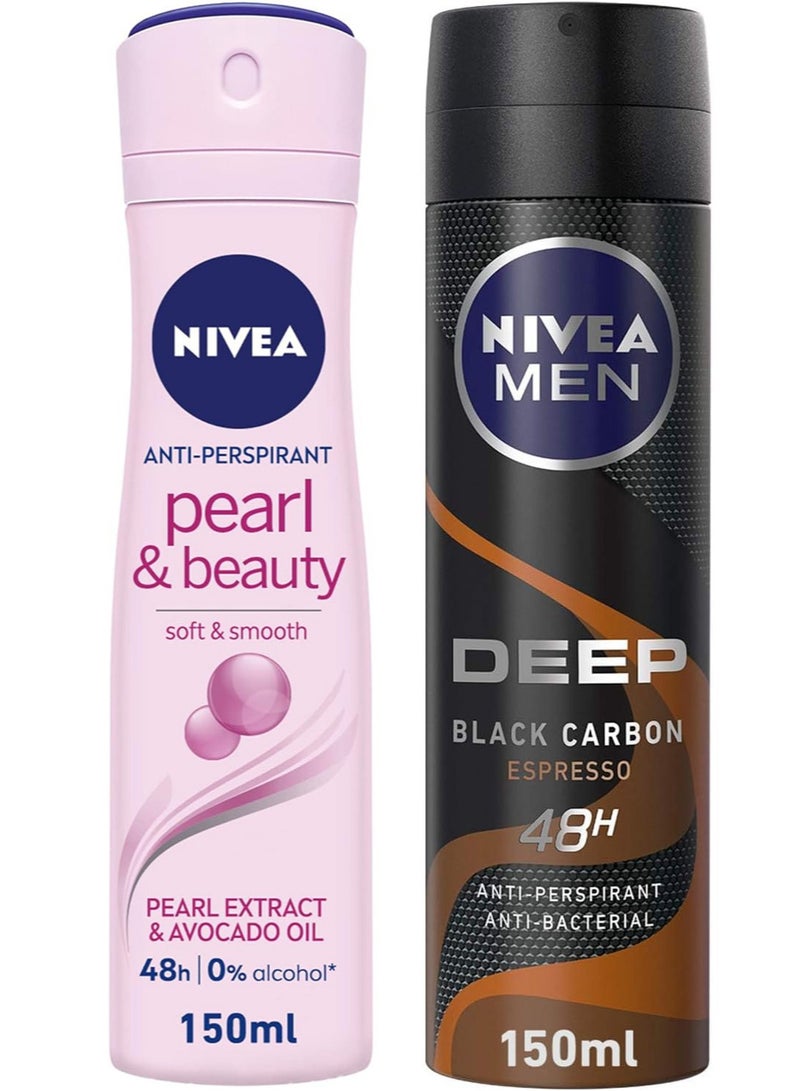 Nivea Set Of Pearl And Beauty Antiperspirant For Women  And Men Antiperspirant Spray For Men DeeP Black Carbon Antibacterial Espresso Scent150ml - Image 1