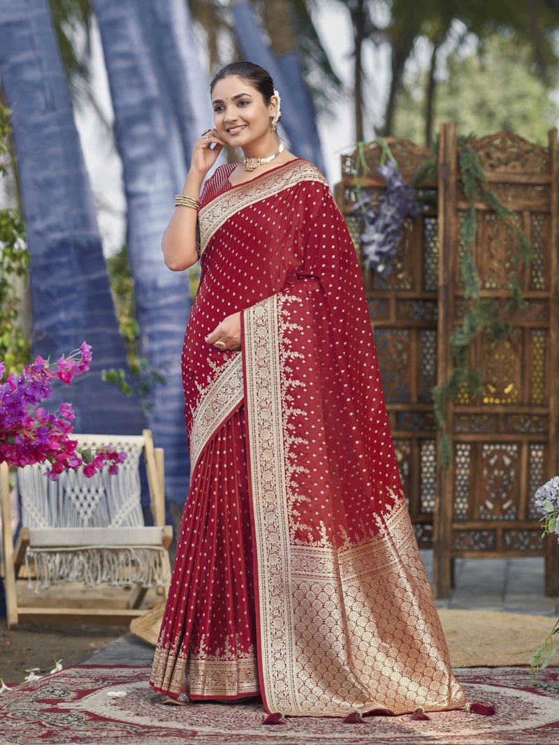 MANOHARI Women's Most Trendy Banarasi Satin Silk Woven Red Saree With Heavy Jacquard Work Saree With Blouse Piece_MN2023 - Image 3