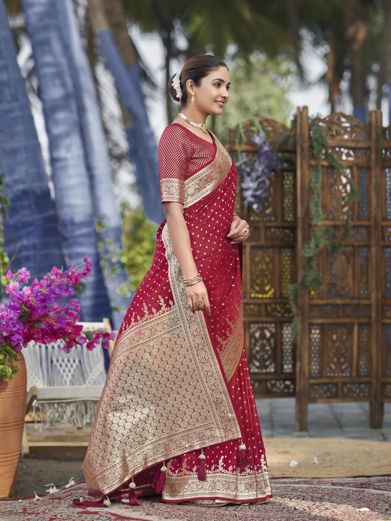 MANOHARI Women's Most Trendy Banarasi Satin Silk Woven Red Saree With Heavy Jacquard Work Saree With Blouse Piece_MN2023 - Image 5