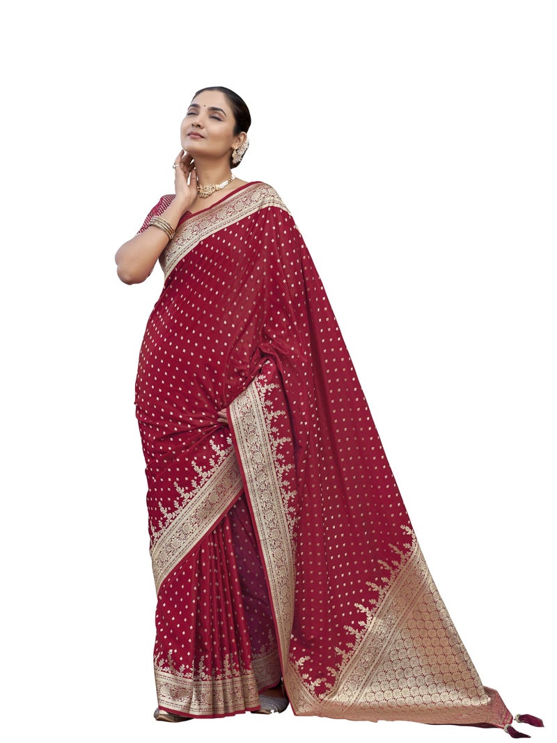 MANOHARI Women's Most Trendy Banarasi Satin Silk Woven Red Saree With Heavy Jacquard Work Saree With Blouse Piece_MN2023 - Image 1