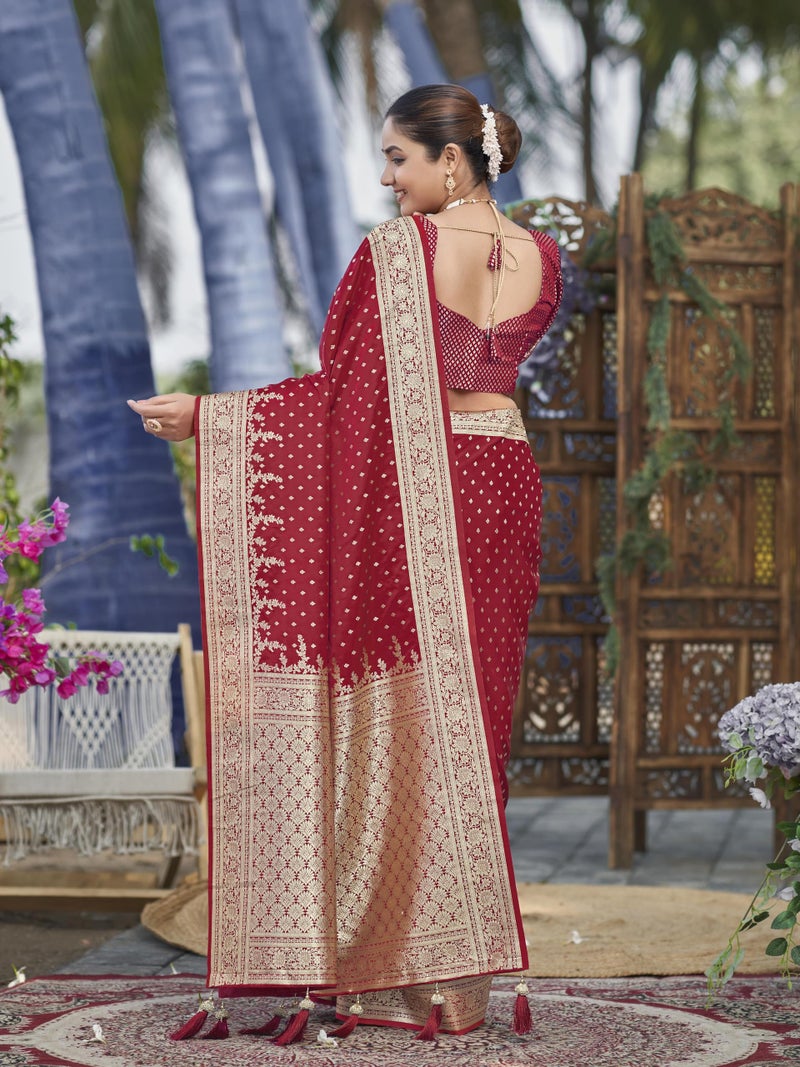 MANOHARI Women's Most Trendy Banarasi Satin Silk Woven Red Saree With Heavy Jacquard Work Saree With Blouse Piece_MN2023 - Image 4